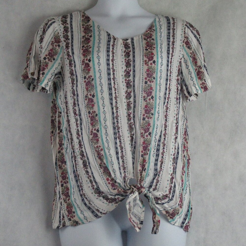 Style & Co. Women's Striped Knotted Split-Sleeve Top, Floral Multi, Medium